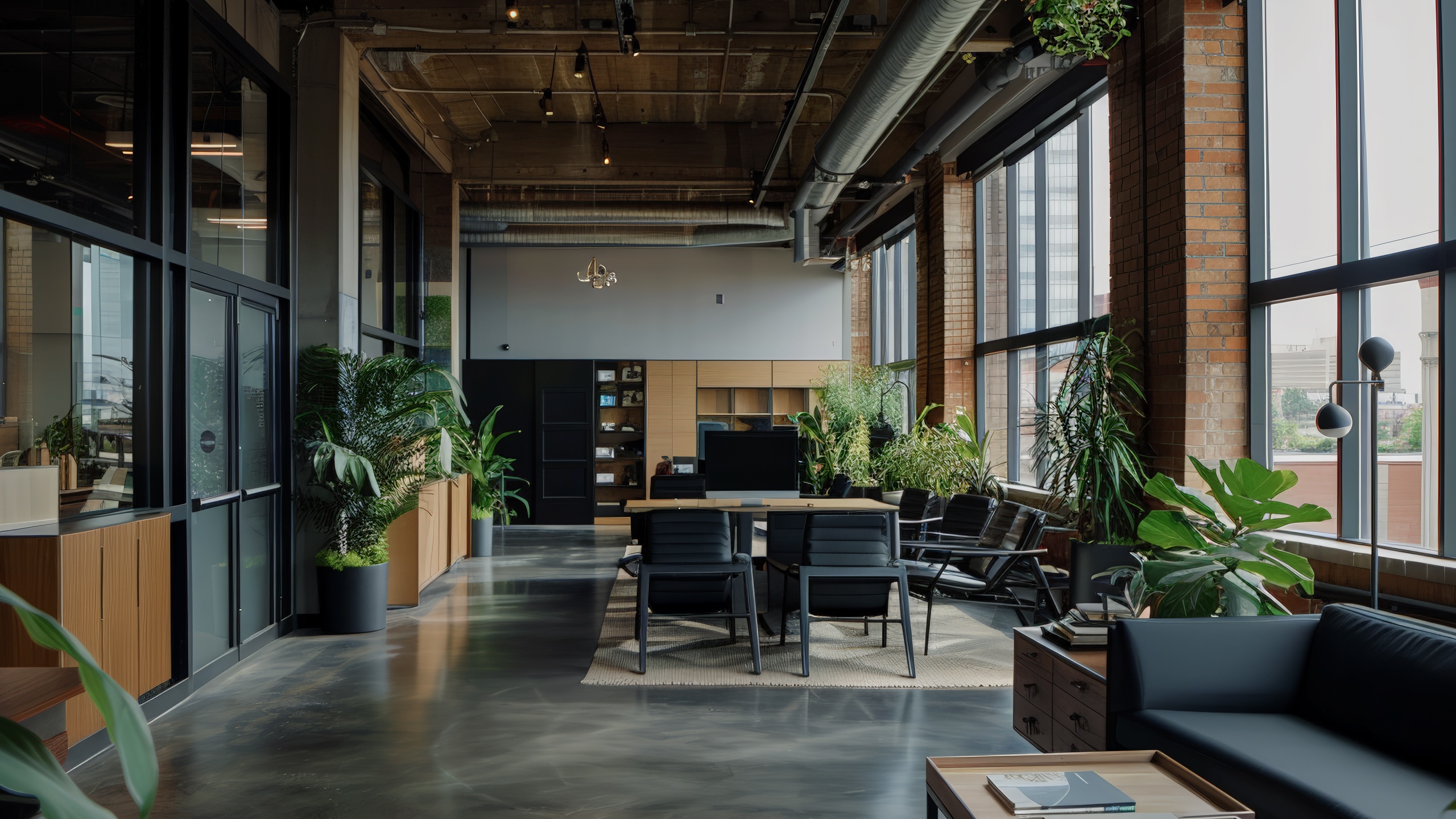 A modern office space featuring abundant natural light and a clean, comfortable layout optimized for productivity and wellbeing.